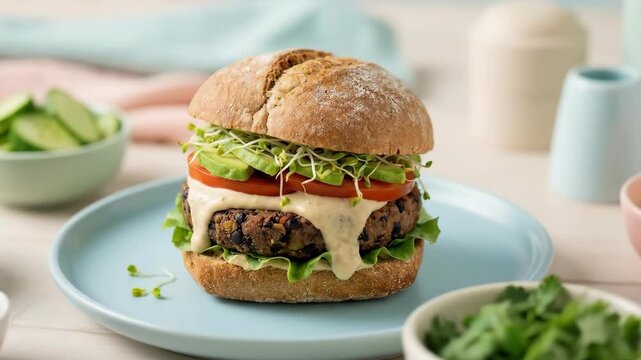 Plant based burger with fresh tomato lettuce and creamy sauce on whole grain bun served on blue plate surrounded by fresh vegetables for healthy meal