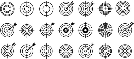Target icon set vector, bullseye aim symbols, archery shooting goals, crosshair collection isolated, business marketing objective success accuracy illustration bundle pack © Tohidul