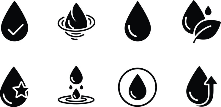 Water droplet icon set for designers and developers including symbols for liquid leaf and arrow elements