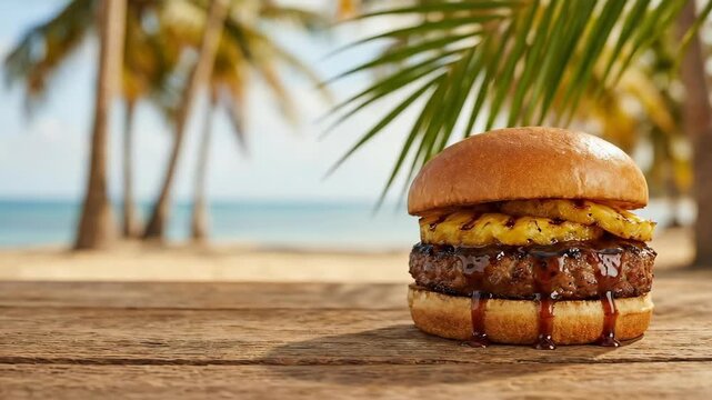 Grilled burger with pineapple slice and barbecue sauce served on wooden table by tropical beach with palm trees and ocean view background