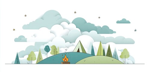Stylized outdoor scene with a campsite, bonfire, tent, trees, clouds, and stars, flat design