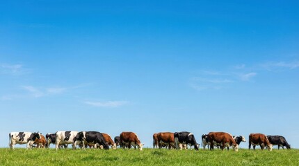 Fototapeta premium A herd of various cattle grazing peacefully on a vibrant green grassy field under a bright clear blue sky