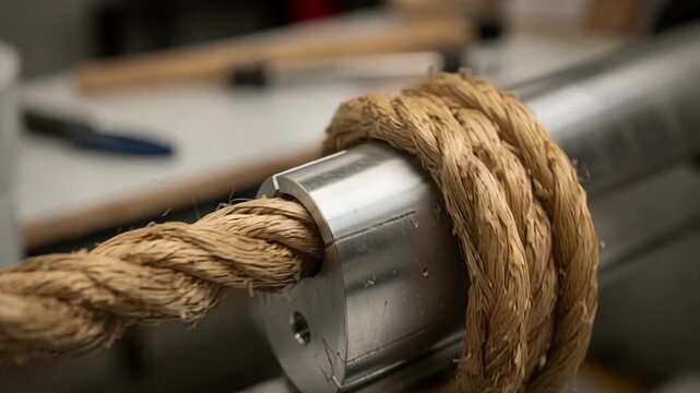 Closeup medium shot highlighting intricate details as woodfiber filament is shaped around a jig emphasizing craftsmanship in innovative composite fabrication.