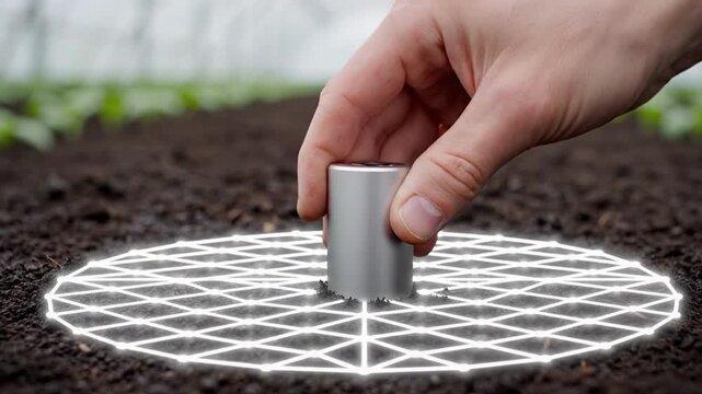 Hand Placing Smart Soil Sensor with Glowing Data Grid in Sustainable Farming Concept