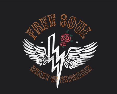 Wing vector graphic. free soul typograph design.rock and roll tee t-shirt design. free soul typograpy artwork.