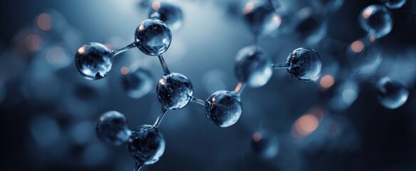 The Molecule close up of glass spheres forming a futuristic molecular network in blue light