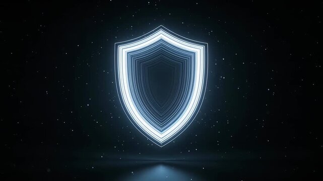 Glowing shield emblem with layered outlines and sparkling particles in a dark background, creating a sense of depth and protection in a digital environment