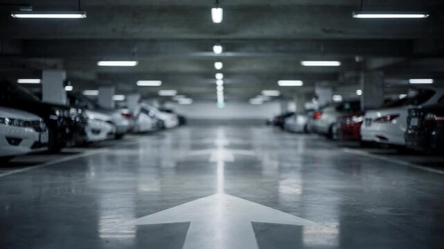 Medium shot of the underground level of a casino hotel parking garage emphasizing wayfinding arrows with rows of parked cars in soft blur behind security cameras.