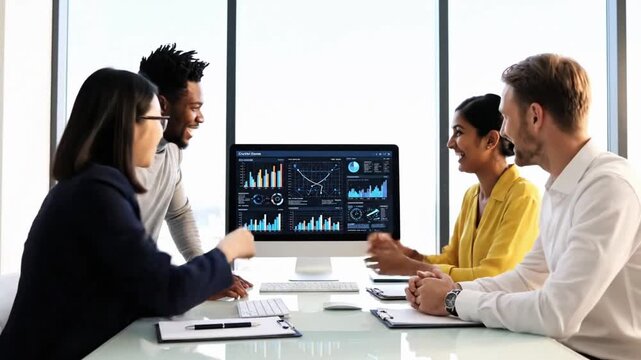 Group of people discussing data analysis in an office meeting on a weekday afternoon