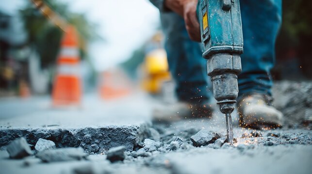 Construction Worker Drilling Road Surface.