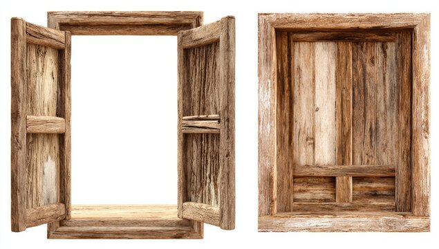 Weathered, rustic wooden window frames open and closed, on white background