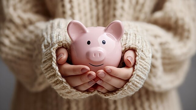 Person holding piggy bank, concept of saving money