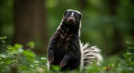 Obraz premium Striking skunk standing tall in lush green woodland environment