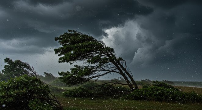 Stormy weather with trees bending in the strong wind and dark clouds