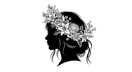 Fototapeta premium Elegant black silhouette of a woman adorned with floral wreath.