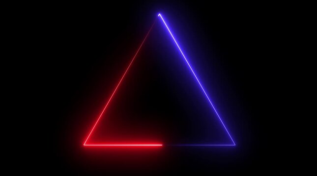 Glowing neon line triangle icon animation on black background.4k video