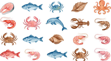 Hand drawn vector seafood collection, fresh fish shrimp crab lobster octopus icons set isolated on white background, healthy marine food illustration © MstMinara