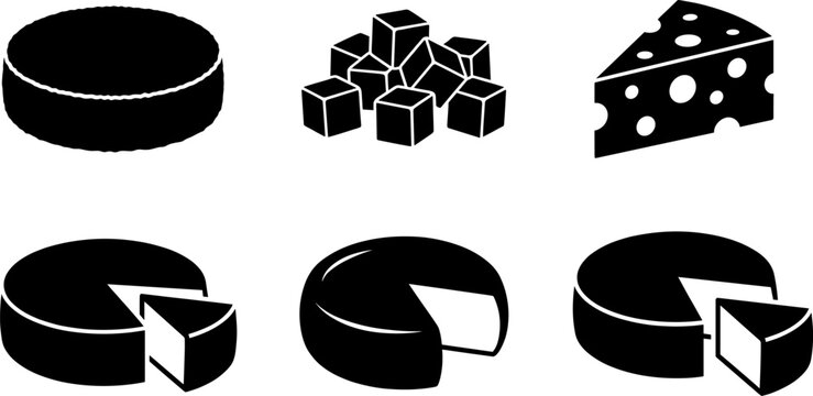 Set of six stylized black cheese silhouette icons, symbolizing wheels, wedges, cubes, Swiss cheese, and culinary food motifs