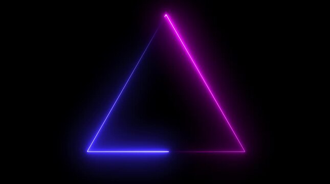 Glowing neon line triangle icon animation on black background.4k video