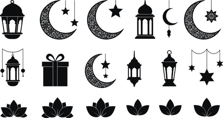 islamic ramadan symbols icon set with crescent moon stars lantern floral ornaments mosque silhouette black white vector © Jiam Creative