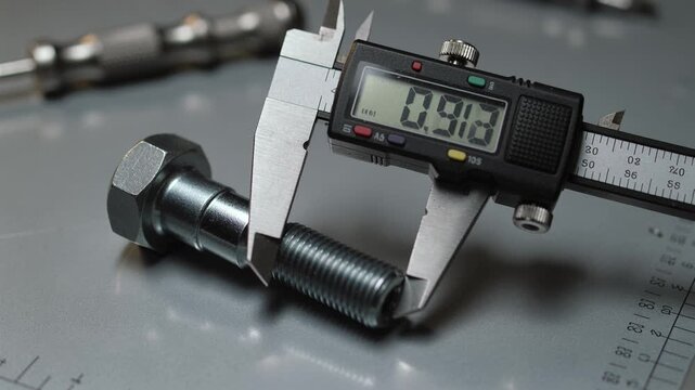 Digital caliper measuring steel bolt diameter on grey workbench. Precision engineering and quality control concept for industrial manufacturing projects.