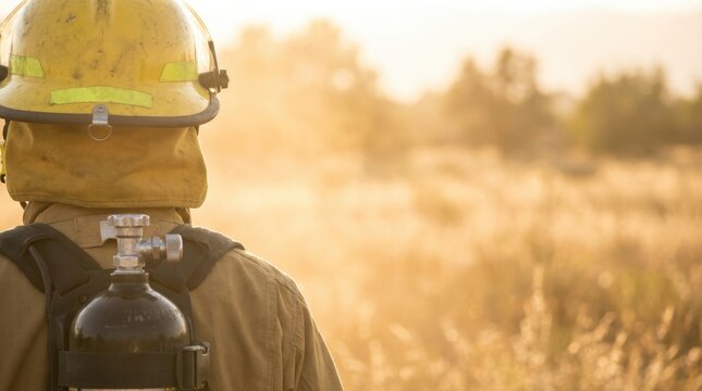 Firefighter wearing yellow helmet and uniform with an oxygen tank on their back Golden sun haze illuminates a dry field