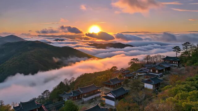 Sunrise over the mountain sea of clouds and traditional architectural landscape