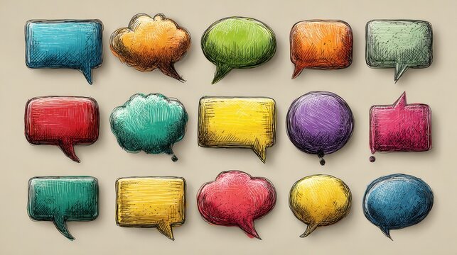 Colorful speech bubbles expressing various emotions and ideas decorated in a creative design