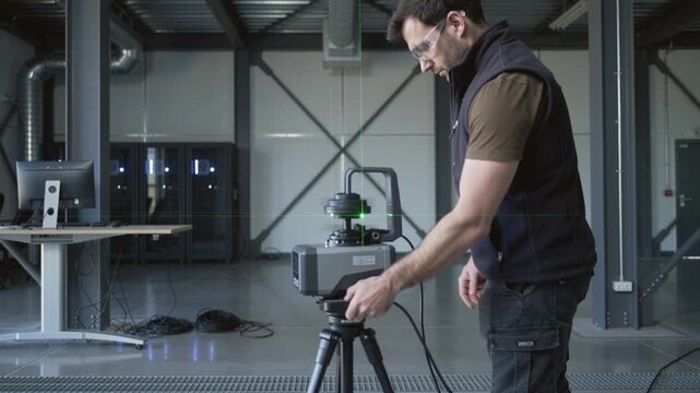Male engineer setting up a 3D laser scanner on a tripod in a modern industrial warehouse. The device uses green laser beams for digital mapping. Ideal for tech and construction visuals.