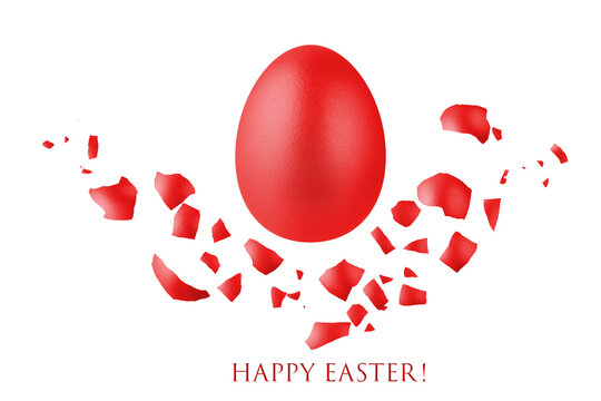 Painted in red color natural easter chicken egg flying with shell pieces isolated on white background. Happy Easter spring decoration.