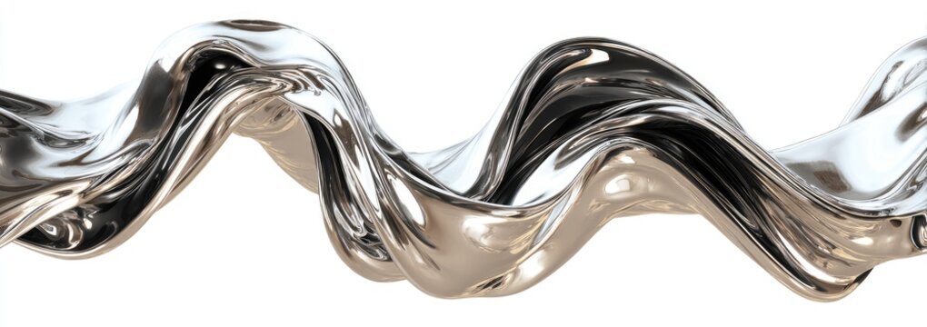 A swirling, fluid, metallic ribbon against a white backdrop, gleaming and reflective