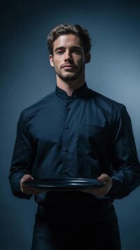 Professional waiter holding an empty plate, ready to serve guests with a smile