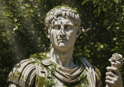 A statue of augustus caesar with a hummingbird, blending classical art with nature, symbolizing peace, beauty, and the enduring legacy of history