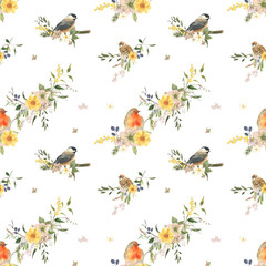 Watercolor spring yellow flowers and birds seamless pattern. Hand drawn illustration © Lidiia Chupryna