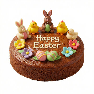 Easter cake decorated with colorful bunnies and flowers on top isolated on white background
