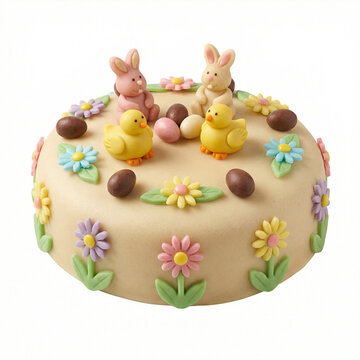 Easter cake with marzipan decorations featuring bunnies and chicks isolated on white background