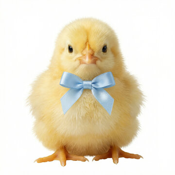 Easter chick wearing a blue bow isolated on white background