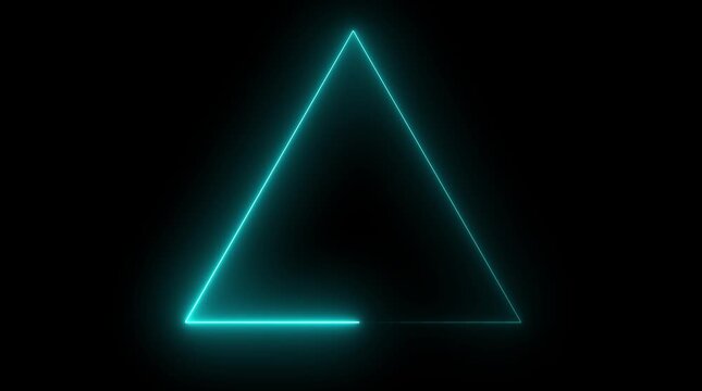 Glowing neon line triangle icon animation on black background.4k video
