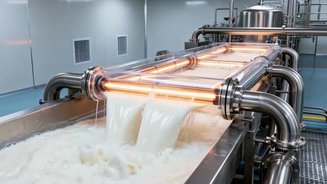 Medium shot of an ultrahigh temperature tubular system in a sterile facility showing milk being processed rapidly for shelf stability.