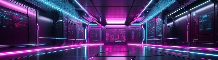 Obraz premium Futuristic cyber corridor with neon lights and hightech design elements