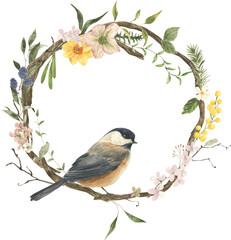 Watercolor tree branch wreath with bird and yellow spring flowers isolated. Hand drawn illustration