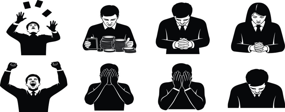 Business emotion silhouette set featuring corporate workers expressing stress regret success apology and financial gain isolated on white background for design