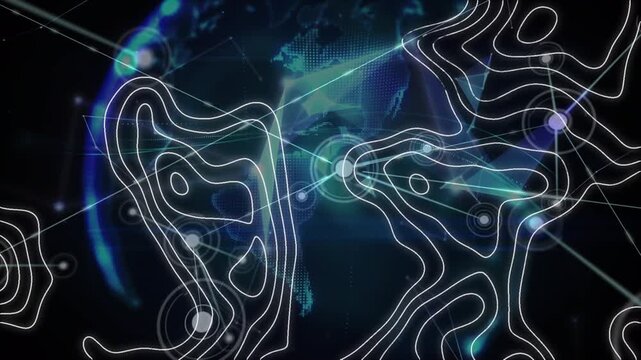 Animation of network of connections with icons over isohypses and globe on black background