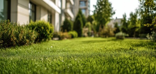 Fototapeta premium The green suburban lawn stretching toward modern apartment buildings on a sunny day