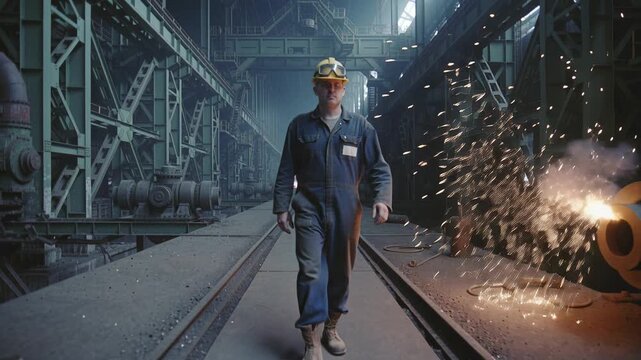 Male worker in safety gear walks through dark industrial factory with sparks flying. Ideal for manufacturing, heavy industry, and labor concepts.