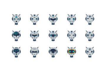 Fototapeta premium AI Robot Head Icons Set Futuristic Android Avatar Faces Artificial Intelligence Technology Vector Collection. Ai generated