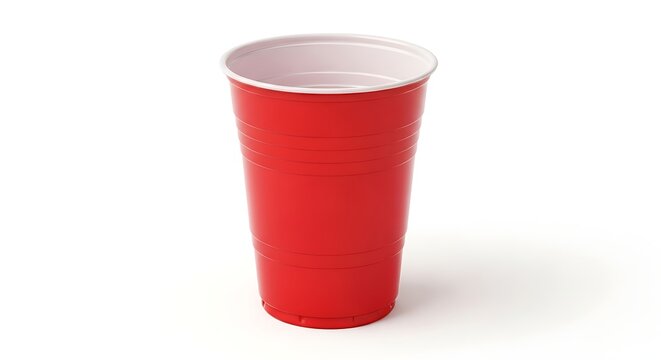 Classic red plastic party cup disposable drinkware isolated on white background with shadow. AI GENERATED.
