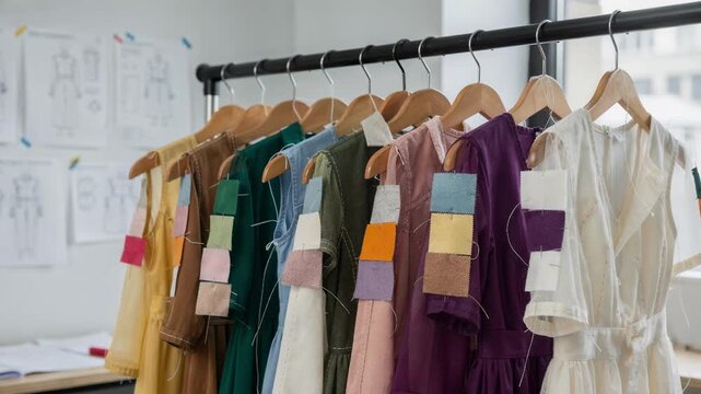 Medium shot of dress samples hanging in a fashion studio showcasing colorful fabric swatches and detailed stitching inspired by designer sketches and tech packs.