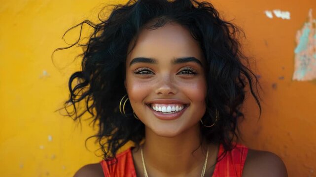 Happy young woman with short hair, wearing red outfit and yellow hoop earrings against orange wall background.