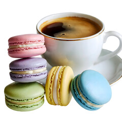 Obraz premium Colorful Macarons with Coffee Cup Sweet Pastry and Beverage Studio Shot